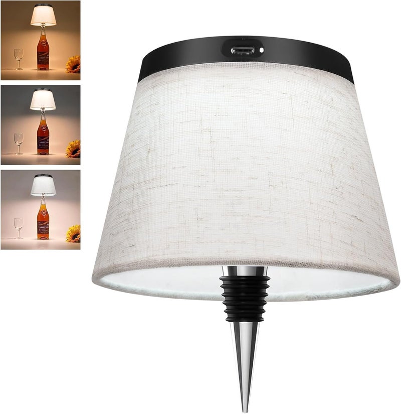 Hoide Store 2025 New Bottle Lamp - LED Bottle Lights for Liquor & Wine Bottles, Cordless Lampshade, Whiskey Bottle Top Light, Bottle Stopper Night Light Kit, Beige Fabric - Image 1